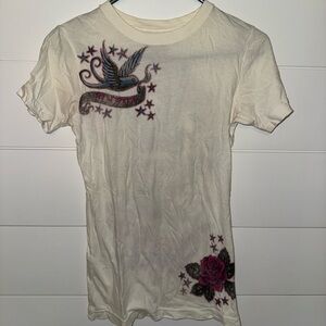 Sinful Cream Tee with Bird and Rose Design